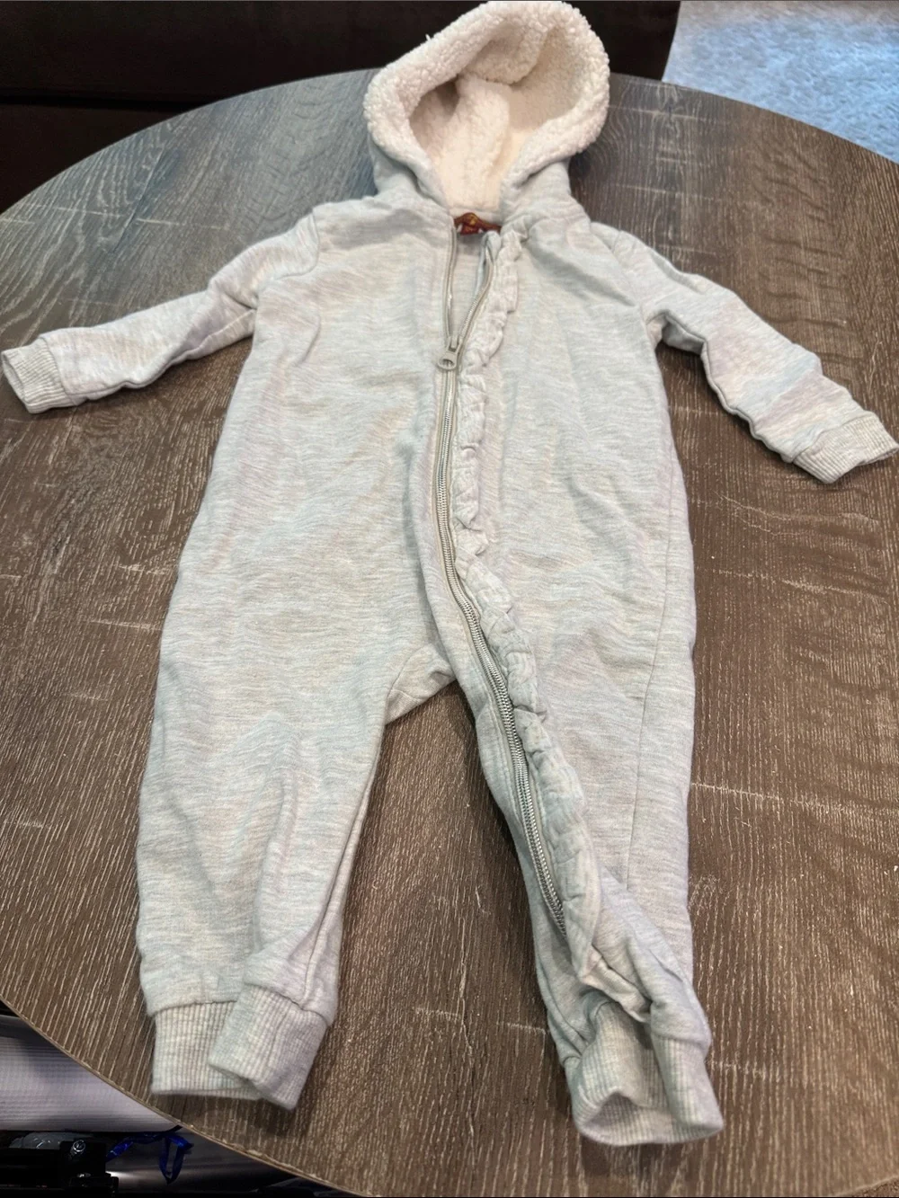 7 For All Mankind Light Gray Hooded Baby One-Piece